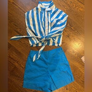 Blue and White Striped Crop Top with Blue Shorts